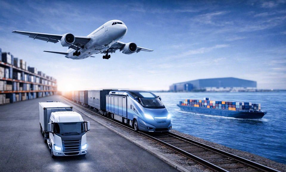 Camión, tren de carga, avión y buque portacontenedores